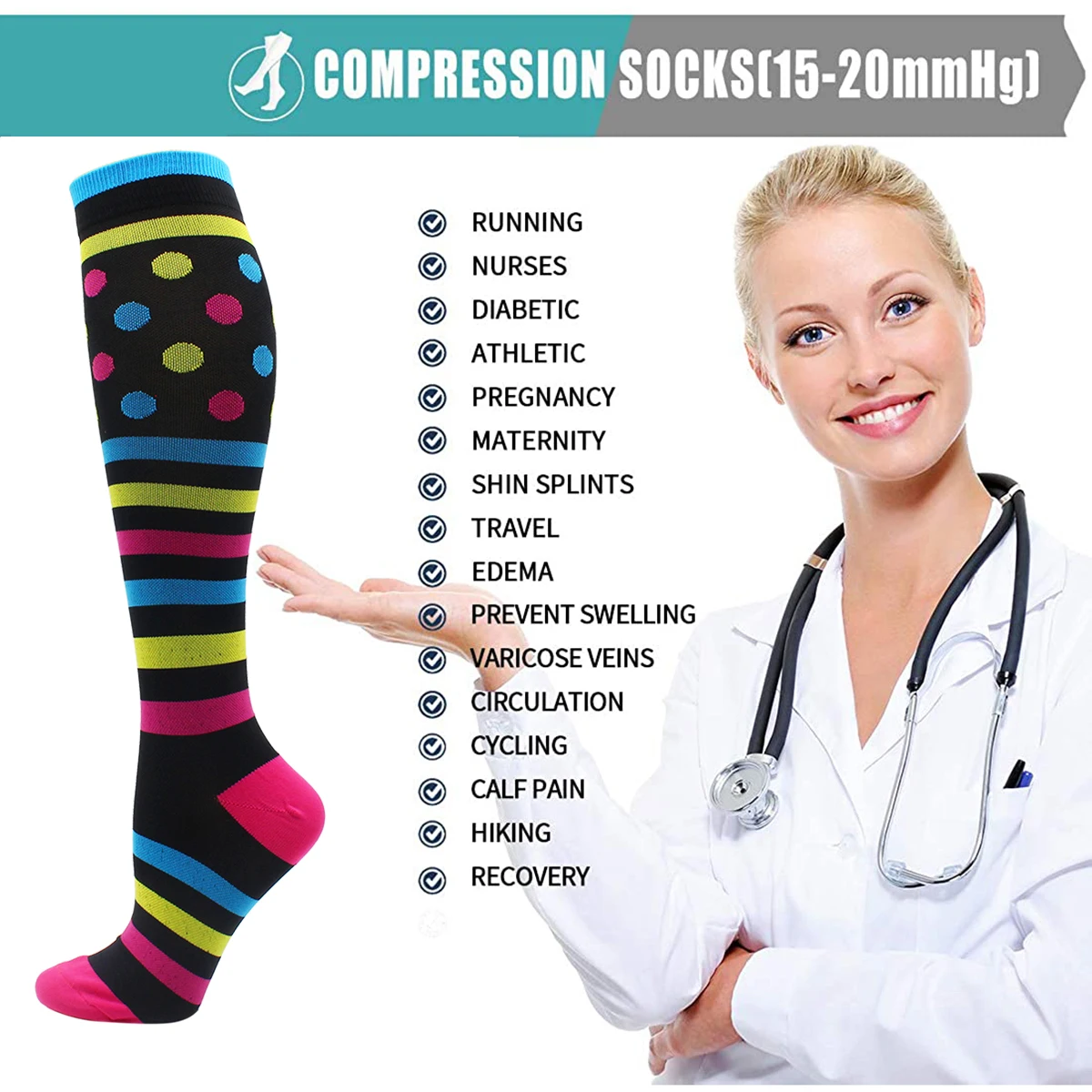 7 Pairs Compression Socks Women Men 15-20 mmHg Knee High Medical Compression Socks for Athletic Flight Travel Nurses Pregnancy
