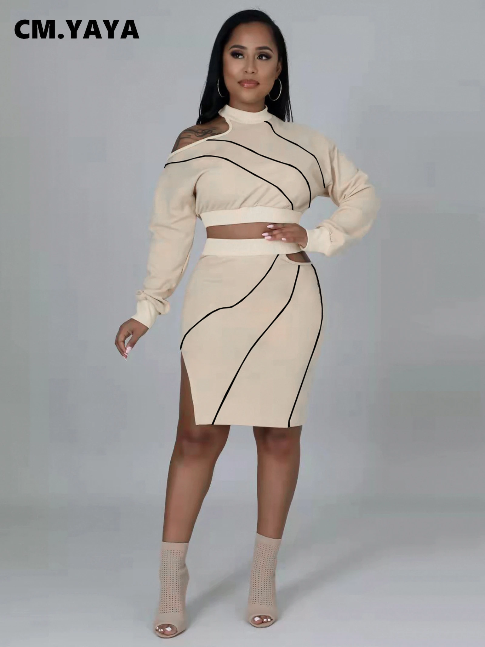 

Женский комплект миди-юбки в полоску CM.YAYA, элегантный комплект из двух предметов: укороченный топ с вырезами на плечах и юбка с разрезом сбок...