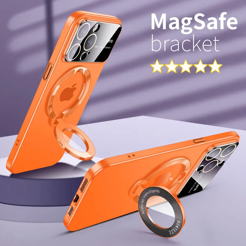 

Magnetic bracket large Lens glass phone case For iPhone 14 12 13 11 Pro Max 14Plus electroplated frame bracket PC Phone Cover