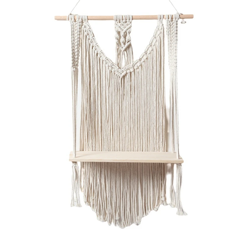

Hot Handmade Macrame Wall Hanging Shelf Boho Cotton Rope Woven Tapestry Plant Hanger Wood Floating Shelf Wall Decor