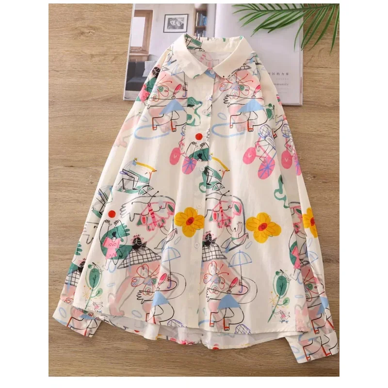 Хлопковая рубашка с абстрактным граффити и принтом длинными рукавами воротником