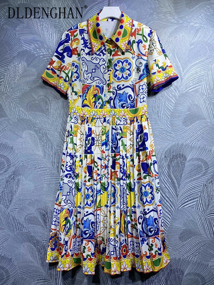 

DLDENGHAN Shirt Dress Summer Spring New Fashion Design Women Runway High Street Vintage Lemon Colorful Flower Print Pleated