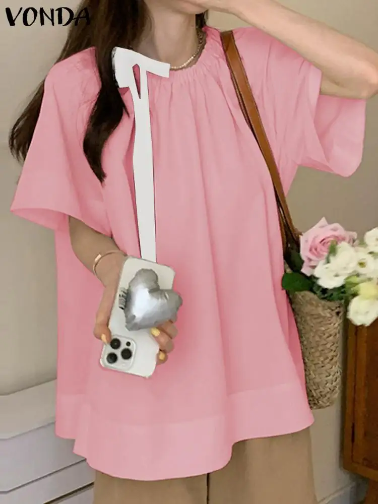 

Women Casual Solid Color Blouse 2023 VONDA Fashion Short Sleeve Shirts Female O Neck Tops Bohemian Beach Shirts Femininas Baggy
