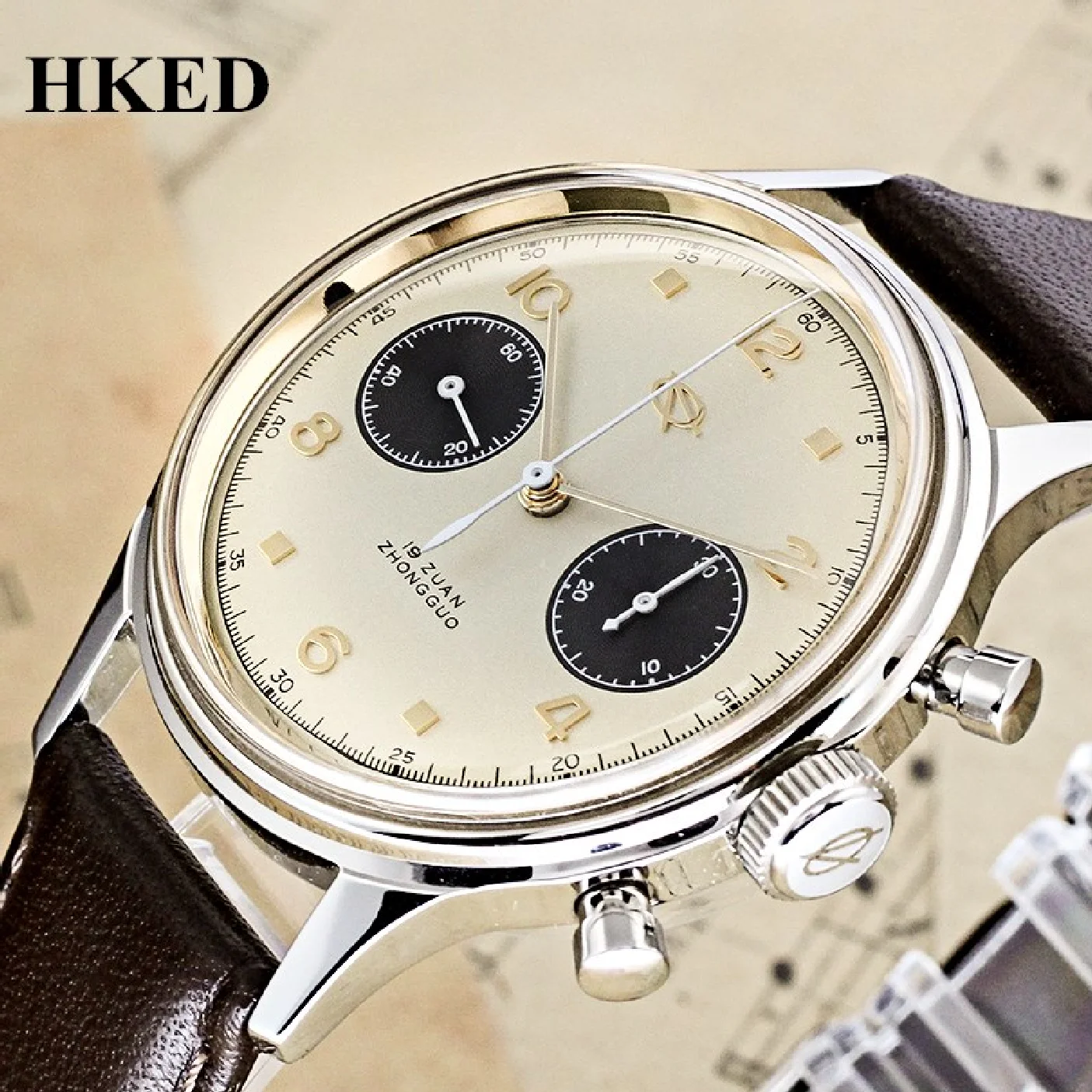 

Super HKED Men Watches 1963 Seagull Chronograph Movement Hand Winding Mechanical Wristwatches Leather Strap Relojes Mecanicos