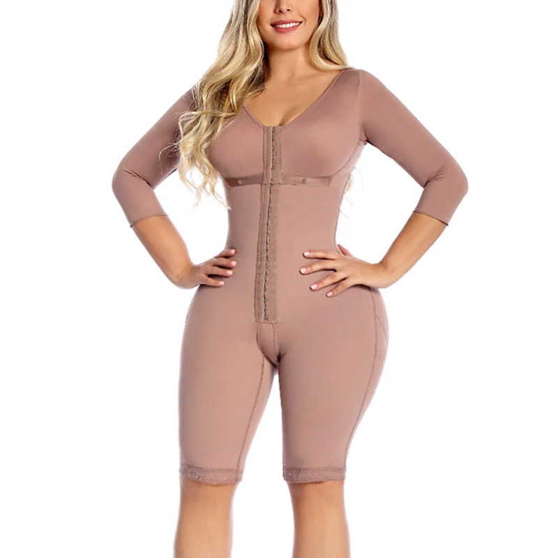Full Body Postpartum Waist Trainer  Hook And Eye Closure Adjustable Breast Support Bodysuit Shapewear Tummy Control Mid Sleeve