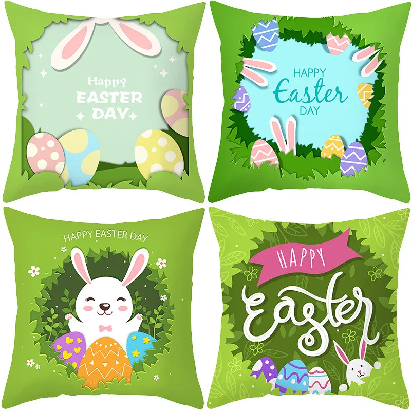 

45cm Happy Easter Cushion Cover Bunny Eggs Printed Pillow Cover Easter Rabbit Chick Pillowcase Easter Decoration for Home 2023