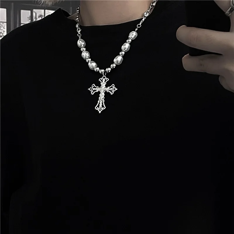 

Vintage Punk Cross Pendant Necklaces for Women Girl Gift Anniversary Wedding Trendy Neck Jewelry Goth Pearl Necklace