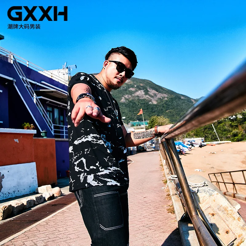 

Футболка мужская с коротким рукавом, модная блуза, оверсайз, с круглым вырезом, черный цвет, большие размеры 5XL 6XL 7XL, на лето