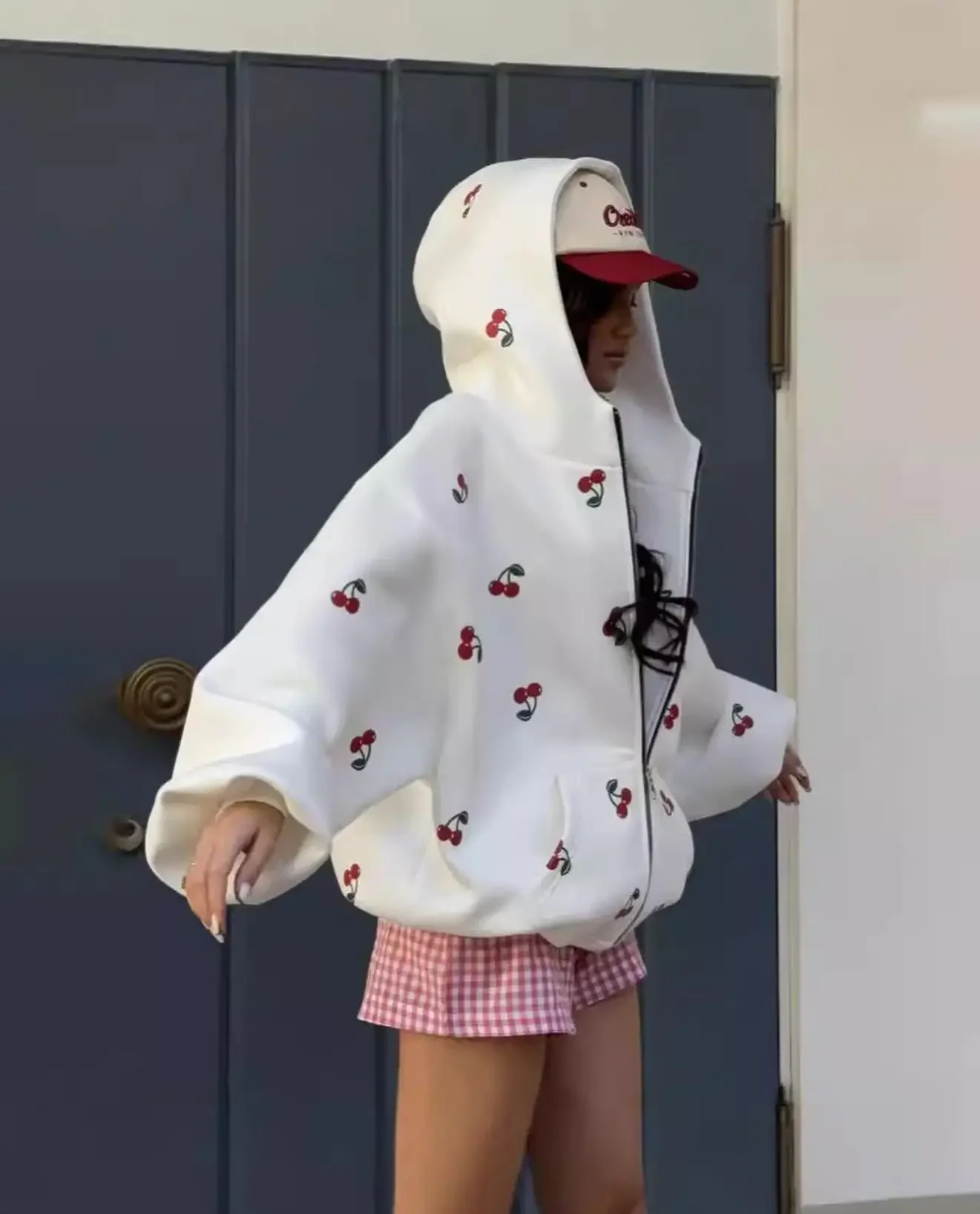 Harajuku свежий стиль модный вишневый узор белая толстовка на молнии Y2k