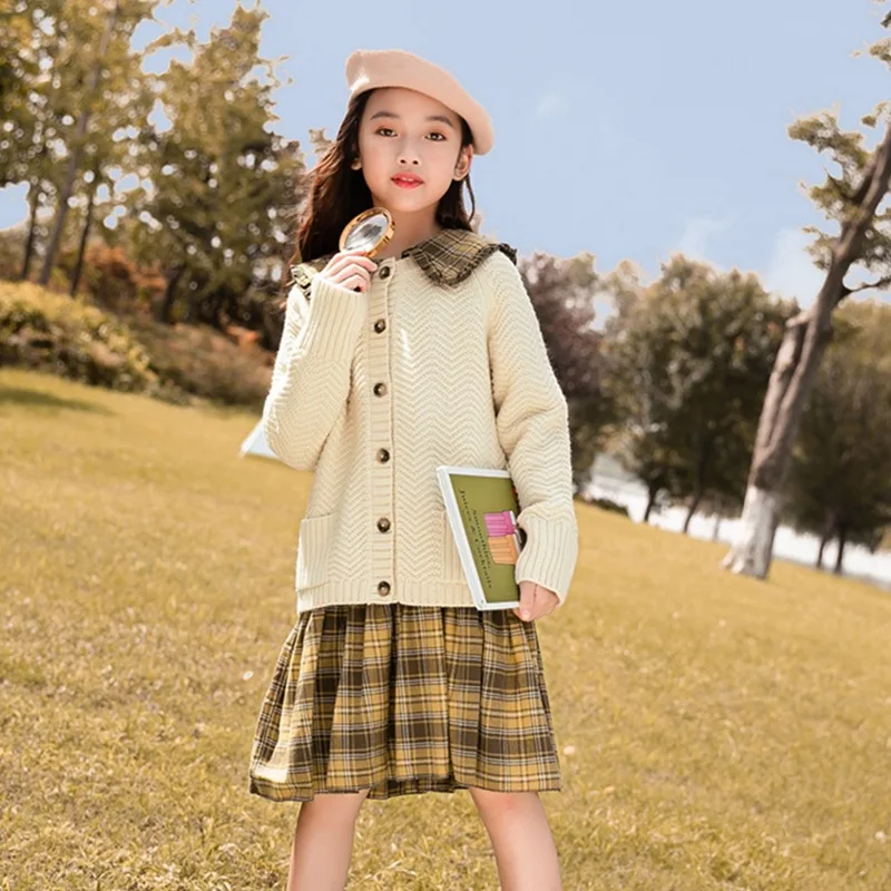 

parent-child spring winter teenager kids girl Clothes family suit white sweater + plaid dress blouse 4 5 6 7 8 9 10 11 12 Year