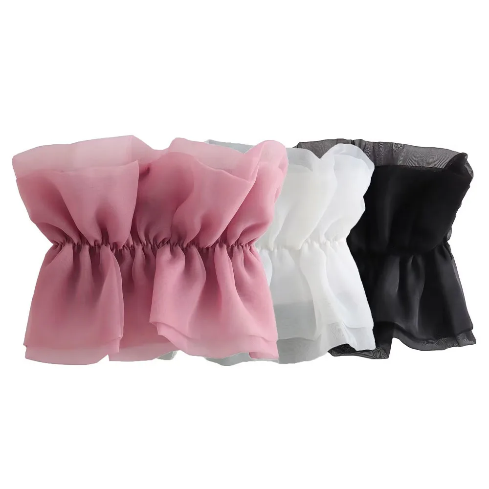 

Early autumn new fashion women's high street sweet temperament all-match straight collar tube top organza decorative top