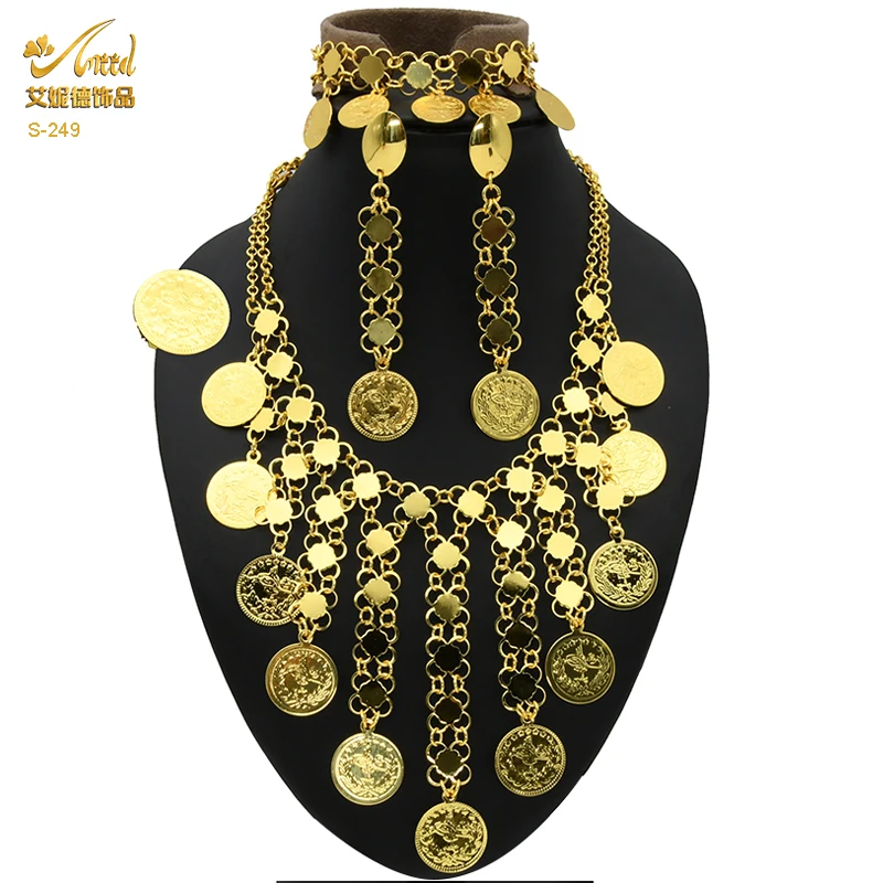 

African Jewelry Set Coin Pendant Dubai Gold Plated Woman Jewellery Ladies Necklace Bracelet Earring Ring Set Indian Ornament