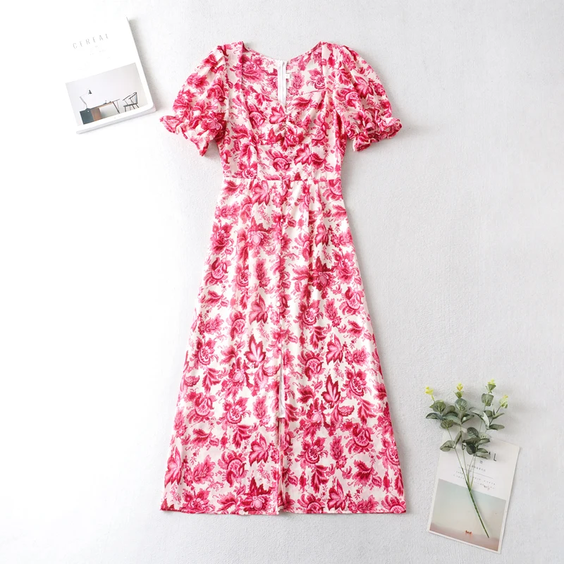 

Ladies Fashion With Knot At Chest Button At Hem And Slit At Bottom Woven Fashion Print Dress