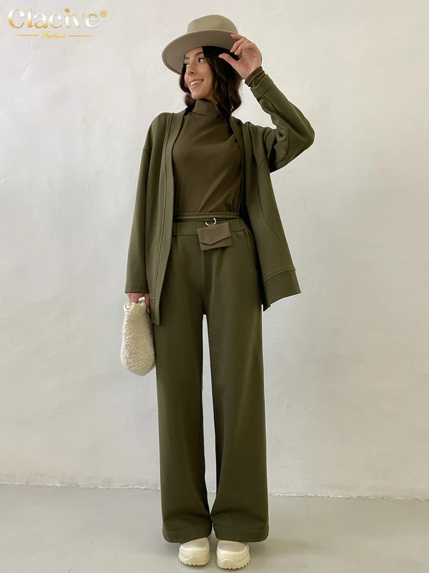 

Clacive Winter Loose Green 2 Piece Set Women Outfit 2023 Elegant Long Sleeve Tops Matching High Waist Pants Set Female New In