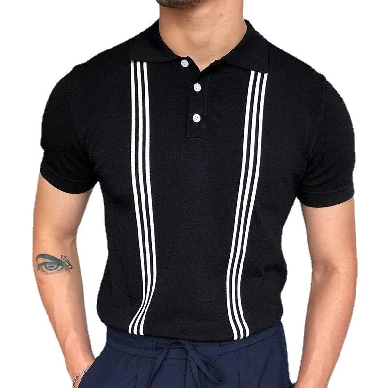 

Y2k Spring Summer New Men's Casual Fashion Striped Thin T-shirt Black Short-sleeved Slim POLO Shirt Small Elastic Slim Shape
