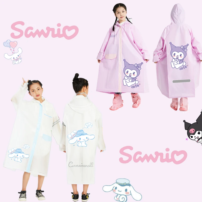 

Sanrio Kuromi Raincoat Kawaii Pachacco Children Cartoon Animation Reflective Stripes Large Hood with Schoolbag Travel Raincoat