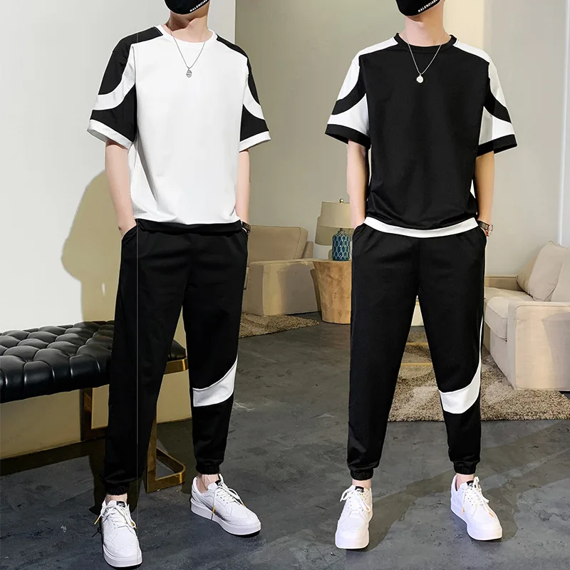 

Men's Short Sleeve T-shirt + Sports Trousers Sets 2022 Fashion Simple Male Casual Suits Students Oversized Tracksuits Sportwear