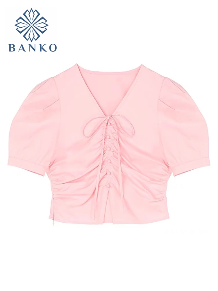 

2022 Summer Women's Shirt V-neck Puff Sleeve Chic Lady Blouse All-match Preppy Style Tops French Y2k Bandage Pink Clothes Ladies