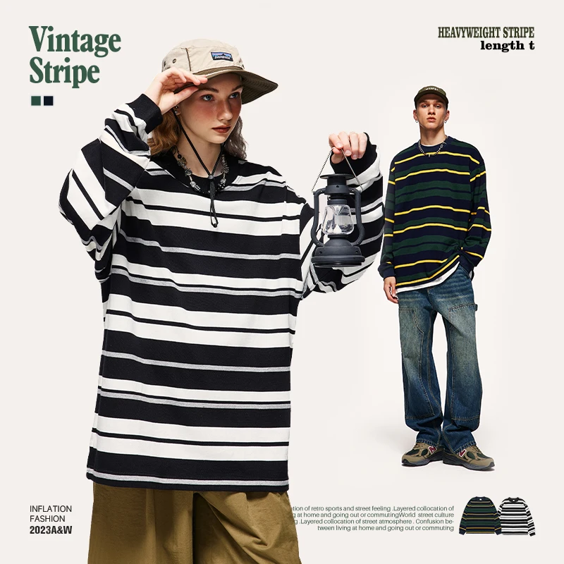 

INFLATION Heavyweight Oversized Striped Long Sleeve T-Shirts Unisex 2023 Autumn Retro 100% Cotton Tee Shirts Mens Classic Tees