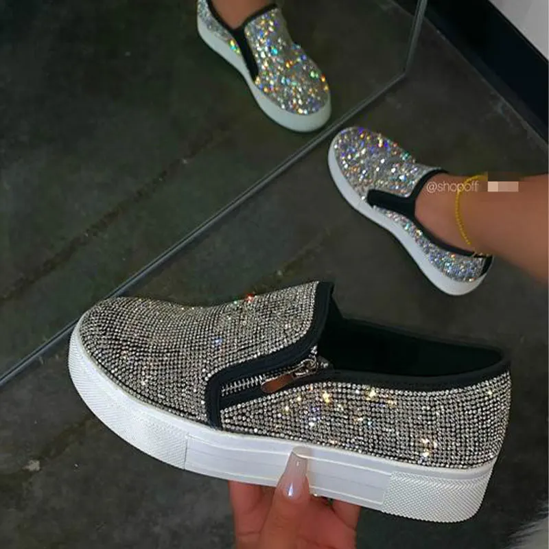 2021 Women Flat Loafers Woman Shinning Crystal Rhinestone Female Autumn Big Size Platform Women's Design Slip On Shoes - купить по