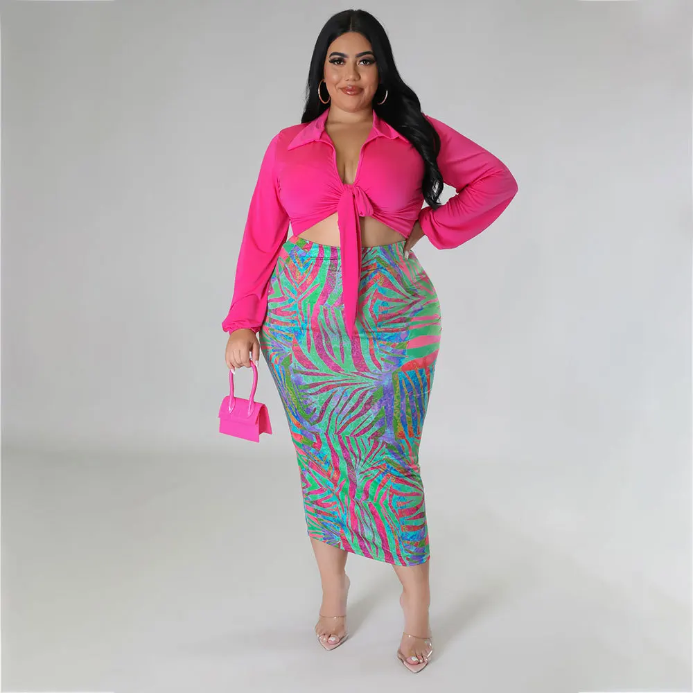 2023 Spring Leaf Print Dress Bandage Top Party Elegant Dinner Skirts Female Luxury Designer Cloth Plus Size Women Two Piece Sets