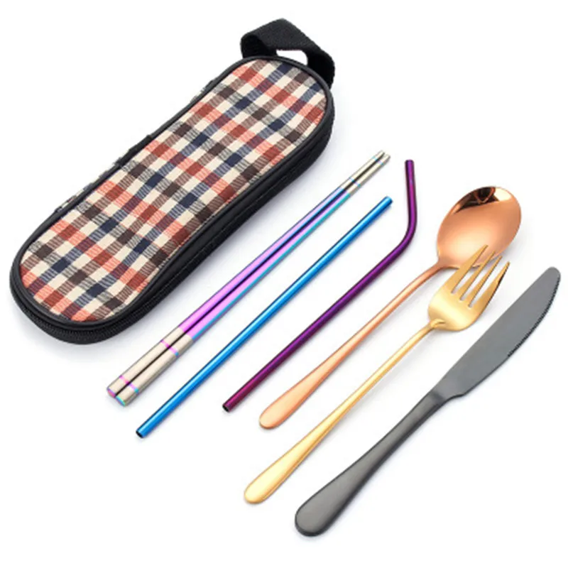 

8Pcs/set Tableware Reusable Travel Camp Cutlery Set with stainless steel Spoon Fork Chopsticks mental Straw Portable case bag