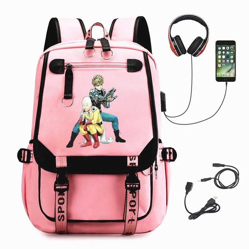

Anime One Punch-Man Backpack USB Charge Knapsack Teenager Student Bookbag Zip Unisex Schoolbag Cartoon Laptop Bag Nylon Packsack