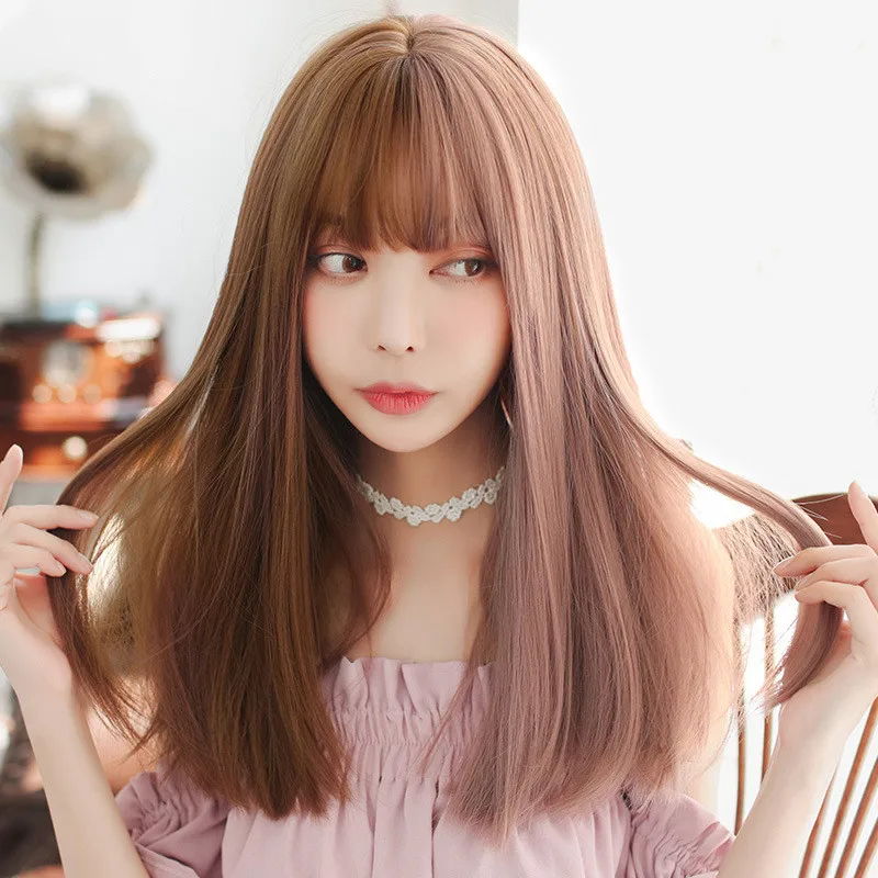 

Long Remy Wig With Bangs Ombre Black Brown Synthetic Lolita Wig For Women High Temperature Wire Heat Resistant Cosplay Wig