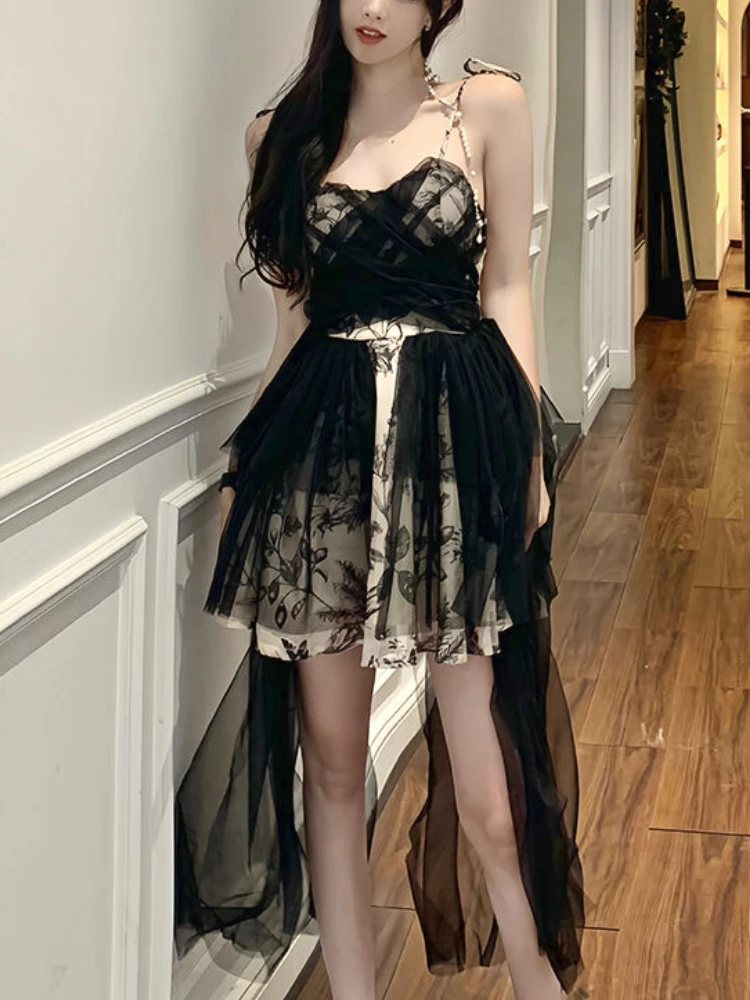 

Black Sexy Vintage Lace Dress Women Backless Korean Fashion Party Dress Female Floral Print Elegant Suspender Dress 2023 New