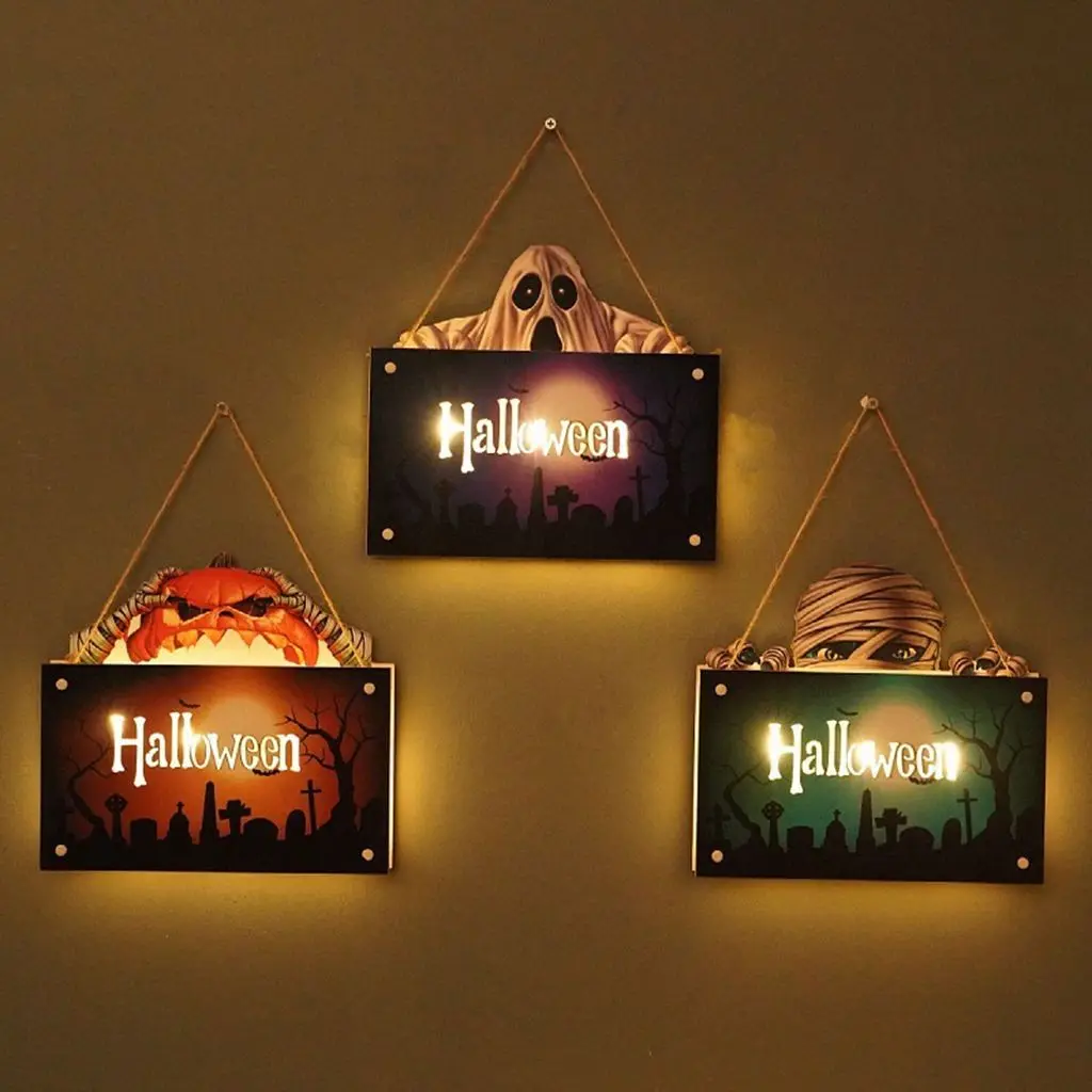 

Halloween Wooden Plaque Door Signs With Lights Horror Pumpkin Ghost Pattern Porch Hanging Sign For Indoor Outdoor Home Wall