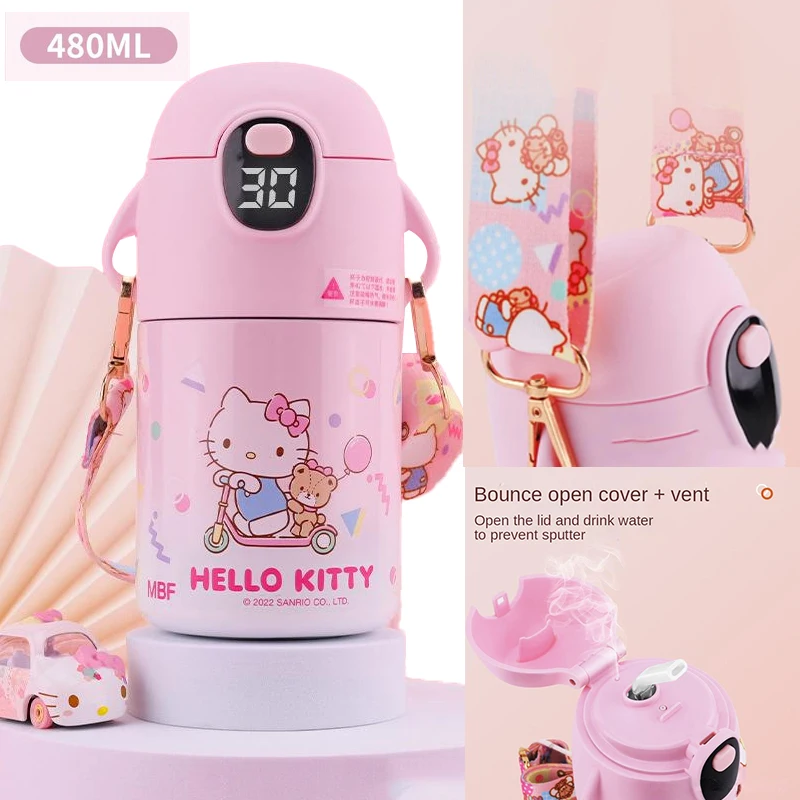 

480 мл Kawaii Hello Kitty Kuromi Cinnamoroll термос чашка для воды дисплей Температура вакуумные фляжки детские Нескользящие портативные соломенные чашки