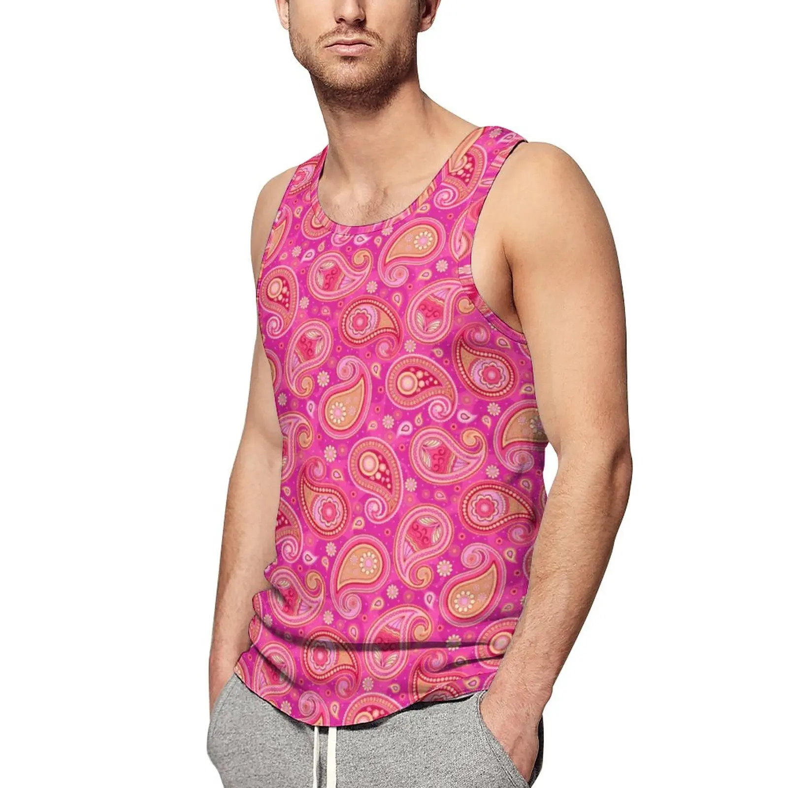

Elegant Paisley Print Tank Top Vintage Floral Streetwear Tops Daily Gym Males Printed Sleeveless Shirts 3XL 4XL 5XL