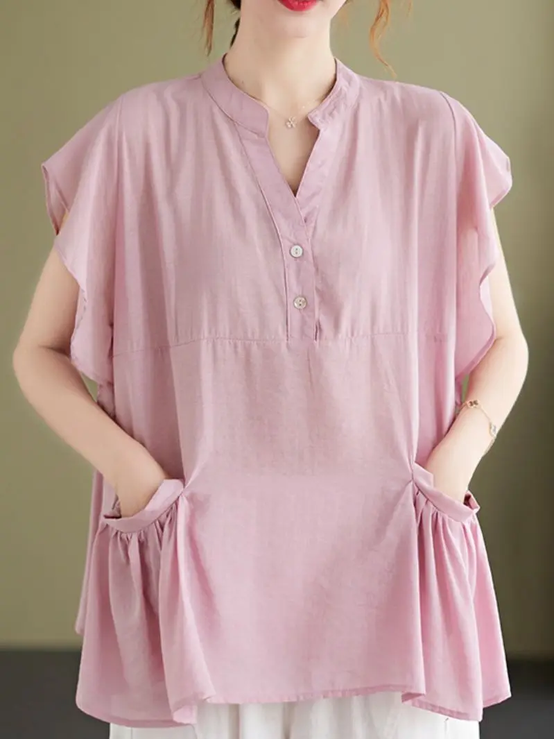 

Однотонная хлопковая винтажная Повседневная Свободная футболка без рукавов с коротким рукавом и оборками, женские топы, уличная мода, летн...