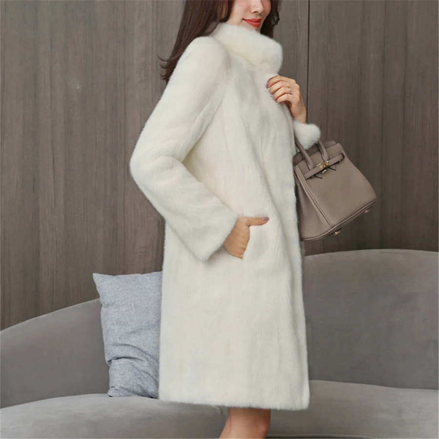 Mid-length Winter Faux Fur Mink Padded Coat Women Warm Thick Outwear Top Korean Overcoat Stand Collar Fashion Elegant Roupas