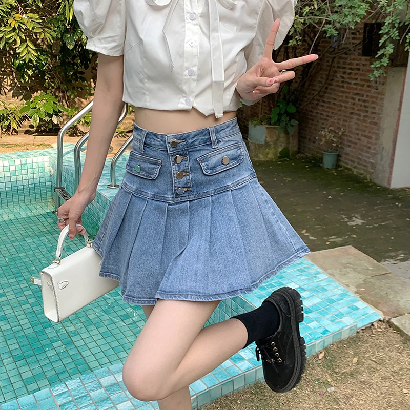 Denim Skirt Women's Blue Summer Shorts Casual Commuter Ruffles High Waist Slim Spicy Girl Wrap Hip  Skirt Pleated Short Skirt
