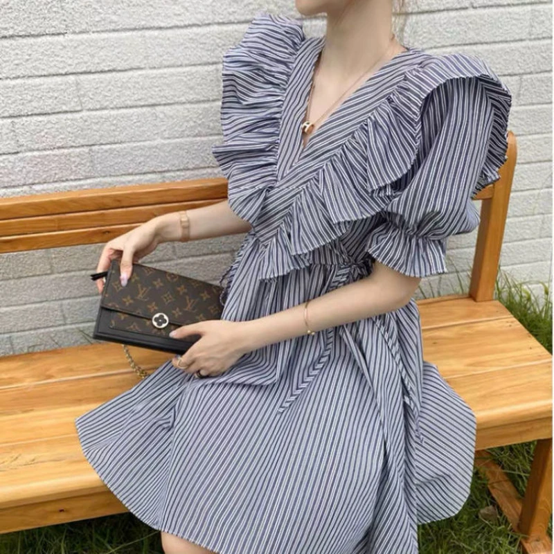 

Dresses Womens Short Sleeve Striped Fashion V-neck Patchwork Sweet Blue Street Style Leisure All-match Summer A-line Students