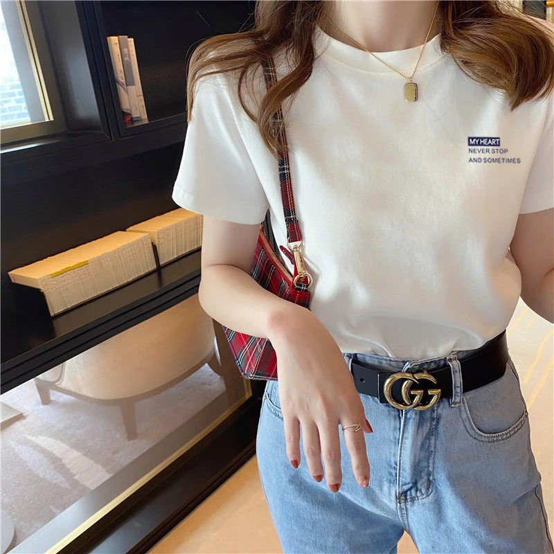 2025 New Arrival Shoulder Pure Cotton Short-Sleeved T-shirt Female Casual Easiest for Match Slimming Youthful-Looking... |