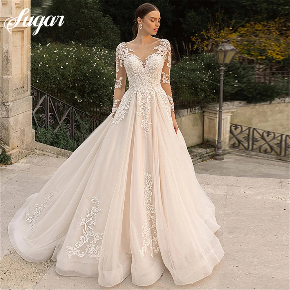 

Lace Long Sleeves Appliques Illusion Weeding Dress Vintage Backless Button Tulle A-Line Wedding Gowns Bridal Custom Made 2023