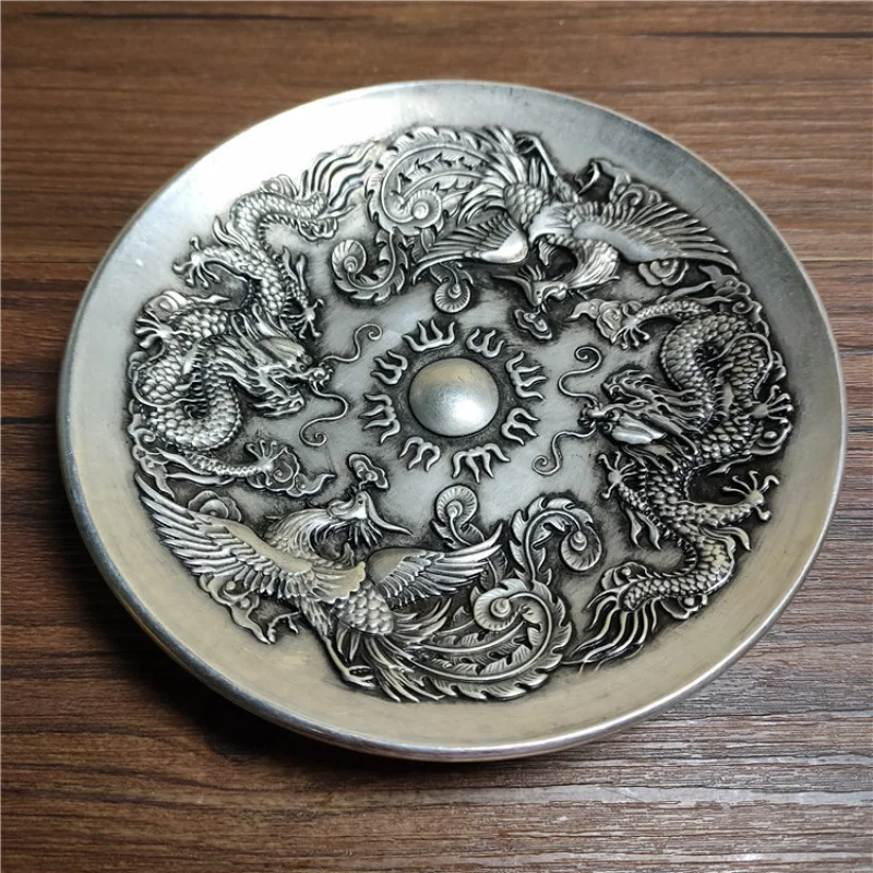 

Antique Antique Old Crafts White Copper Dragon and Phoenix Relief Plate Ornaments Saucer Dish Writing-Brush Washer