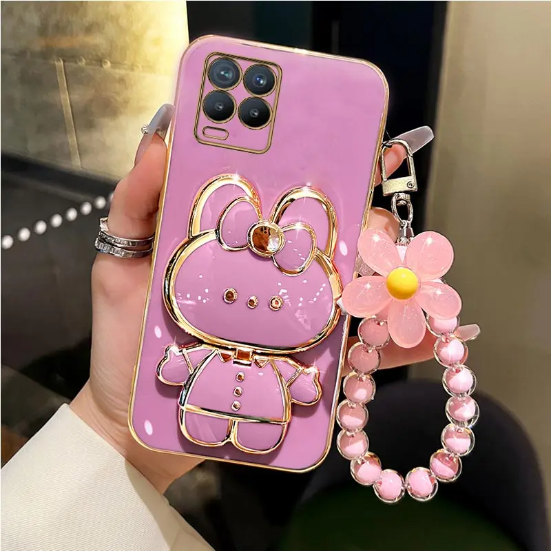 

Mirror Rabbit Flower Strap Case For Oppo Realme 8 Pro 5 5i 6i 8i 9 9i 10 C21 C21Y C25Y C33 C35 C55 Pro Stand Cover