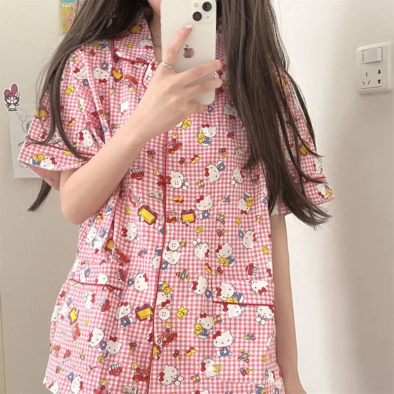 

Кавайная Пижама Sanrio Hello Kitty для девочек, Студенческая клетчатая Пижама с коротким рукавом, удобная домашняя одежда, высококачественный комплект в подарок