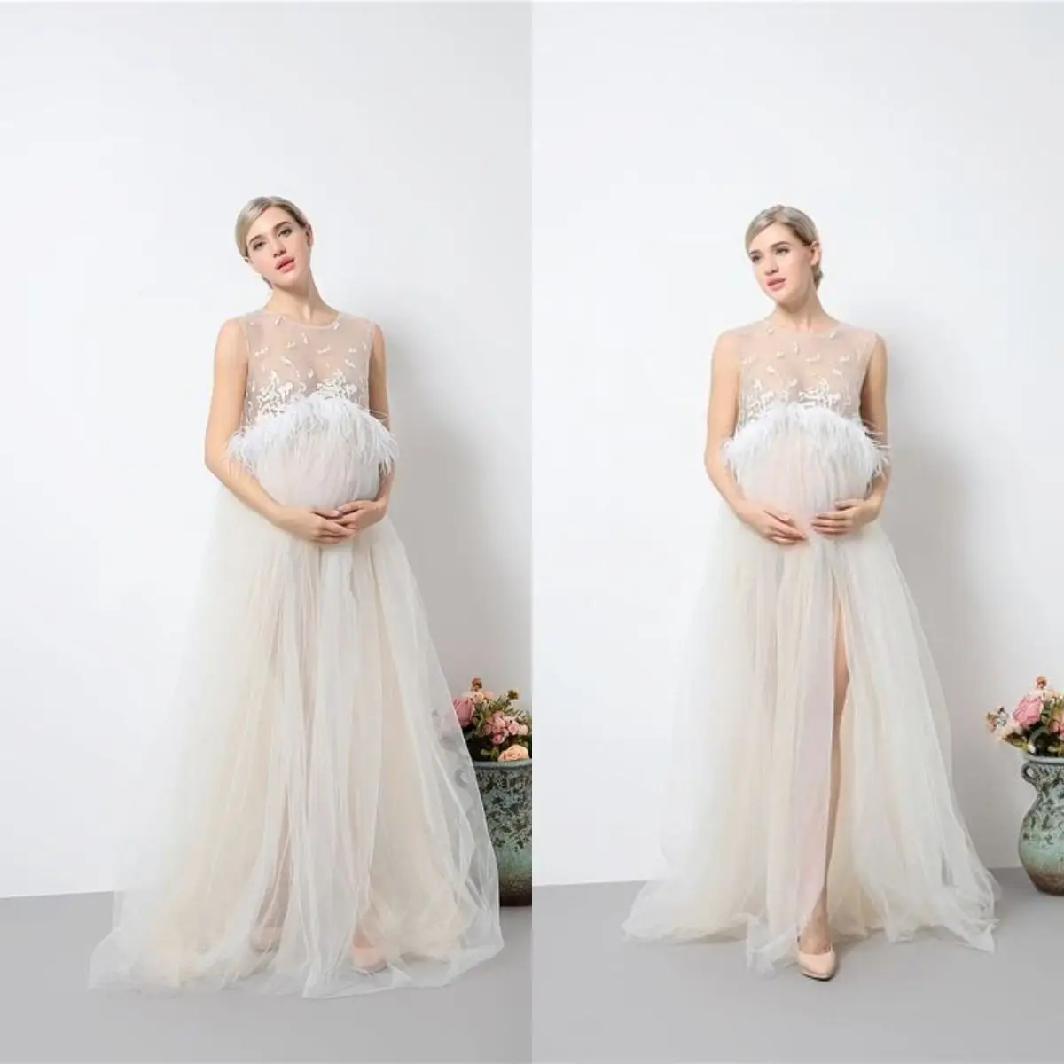 

Шифоновое платье для беременных с аппликацией и перьями