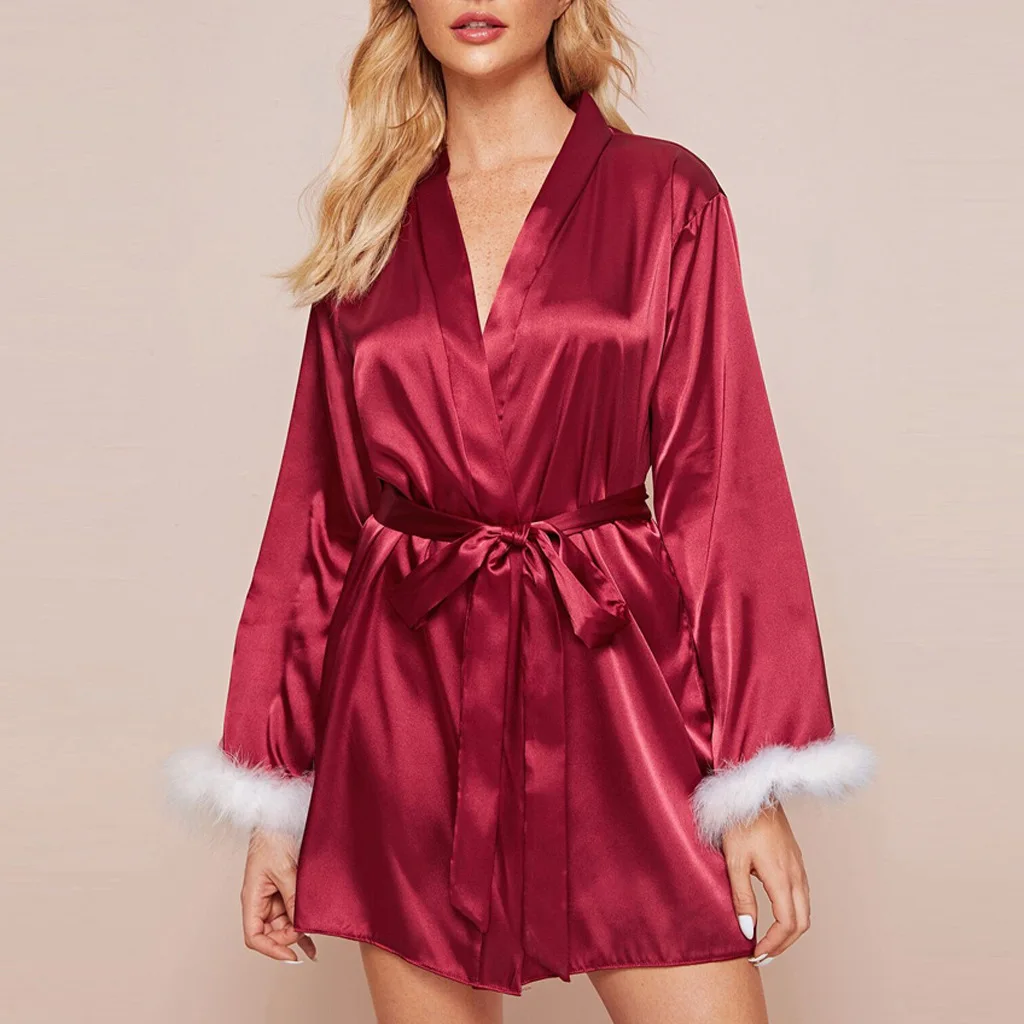 

Spring Summer Ice Silk Sexy Robe Gown Female Full Sleeve Bathrobe Feather Fashion Home Dress Casual Sleepwear Loose Nightwear