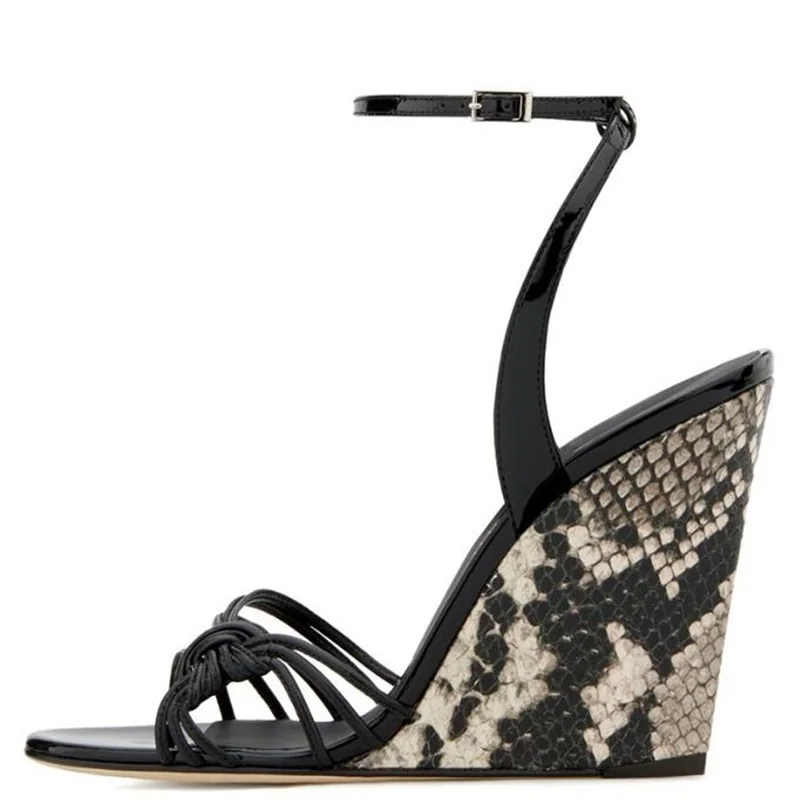 

Sexy Snakeskin Printed Leather Wedge Sandals Ankle Strap Open Toe Black White Knot Rope Strappy Sandals Wedged Heel Shoes