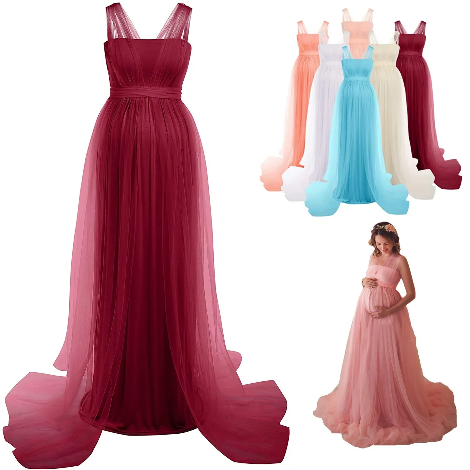 Enlarge Maternity Photo Shoot Dress Multiway Wrap Tulle Long Maxi Gown Pregnant Women Party Baby Shower Dress Photography Props Costume