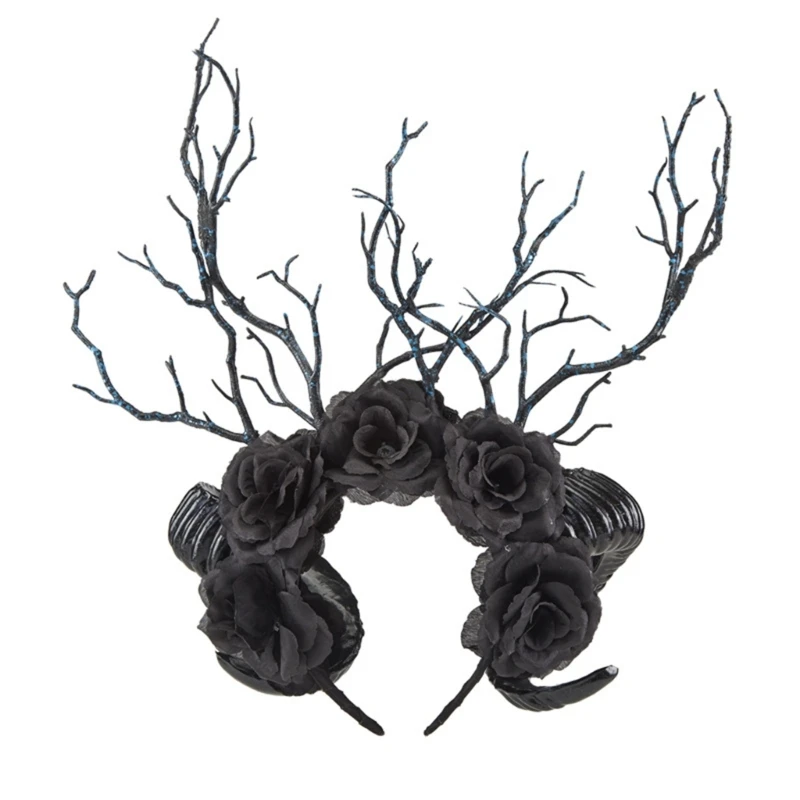 

Halloween Goat Horn Headband with Roses Party Wear Photo Props ComicCon Drop Shipping