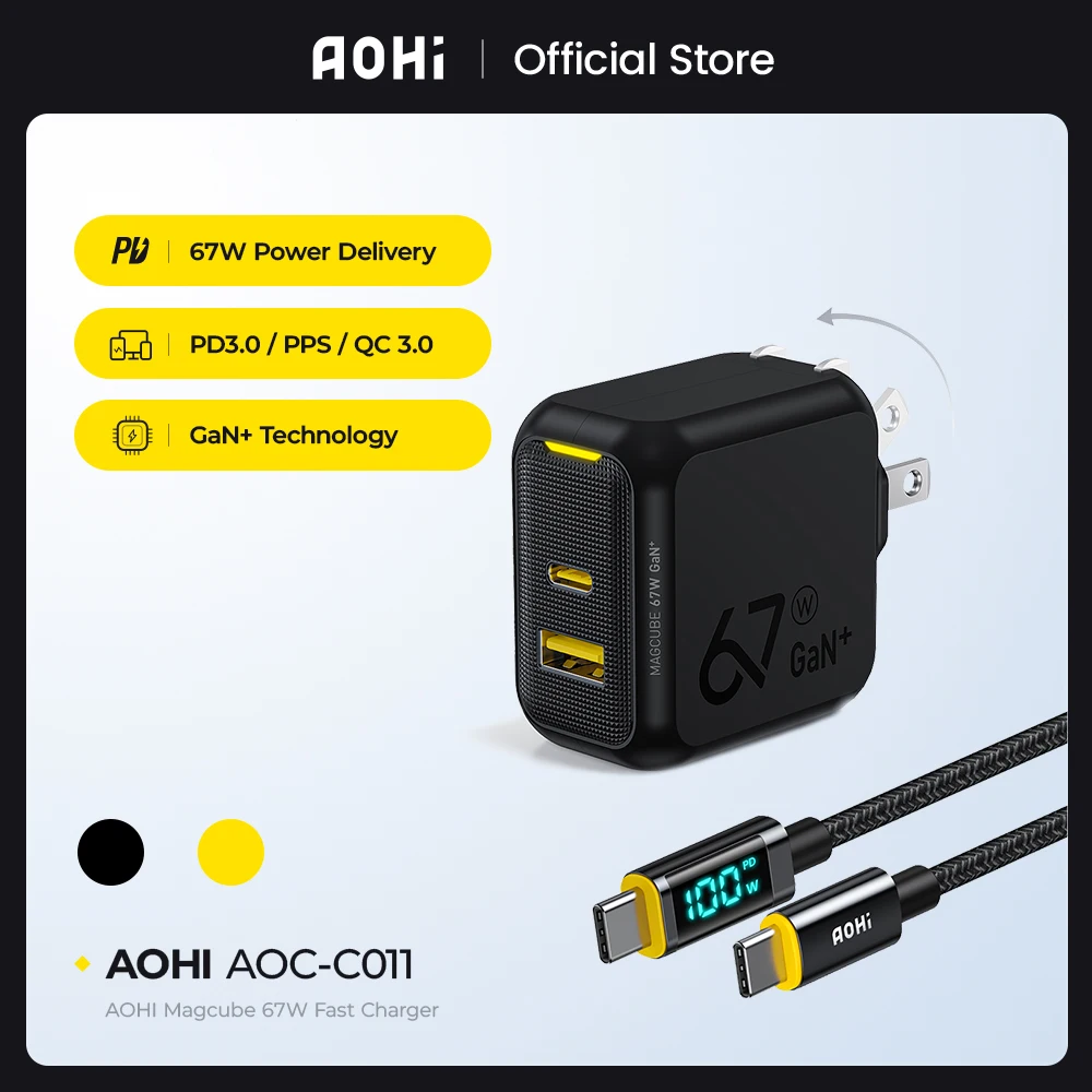 

AOHI Magcube 67W USB C Charger GaN+ Fast Charge Charger Type C High Speed Phone Charger with 100W Cable for iPhone 14 Pro Max 13