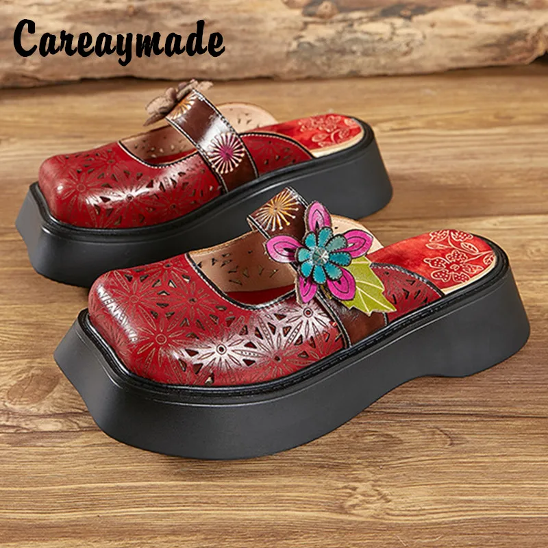 

Careaymade-Folk style Head layer cowhide pure handmade Carved slippers ethnic comfortable breathable thick soled women' shoes