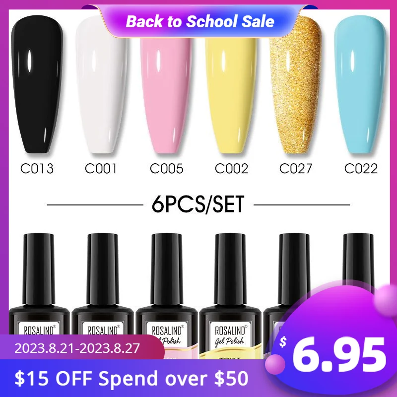 

ROSALIND Nail Gel Polish 6PCS Set Hybrid Varnishes Semi Permanent Nail Art Design Gel Nail Need Base Top Coat UV Gel Esmaltes