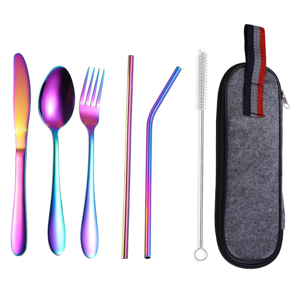 

7 Pcs 304 Stainless Steel Dinnerware Set Straw Knife Spoon and Fork Set with Storage Bag tableware Cutlery Kitchen Accessories